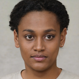 Neutral black young-adult female with short  brown hair and brown eyes