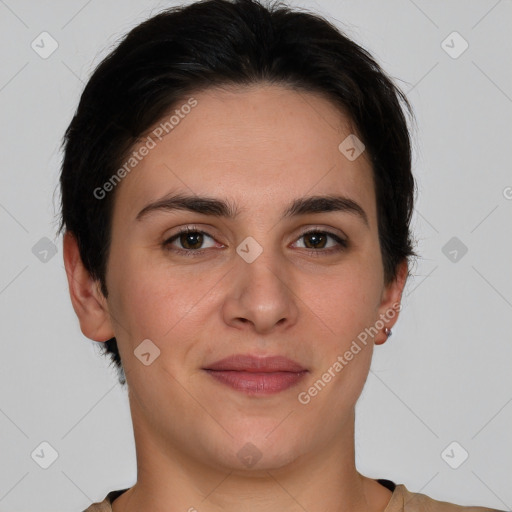 Joyful white young-adult female with short  brown hair and brown eyes