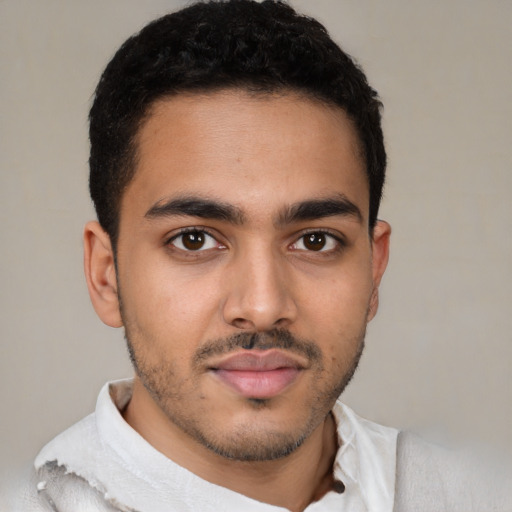 Neutral latino young-adult male with short  brown hair and brown eyes