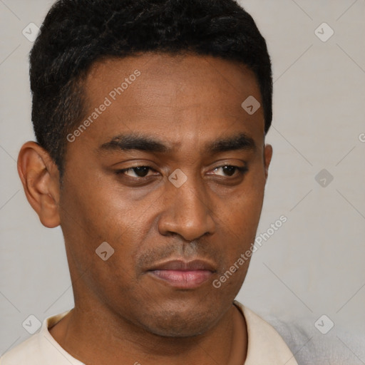 Neutral latino young-adult male with short  black hair and brown eyes