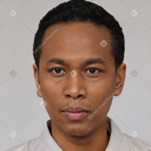 Neutral black young-adult male with short  black hair and brown eyes