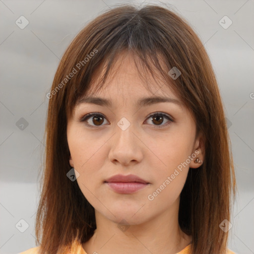 Neutral white young-adult female with medium  brown hair and brown eyes