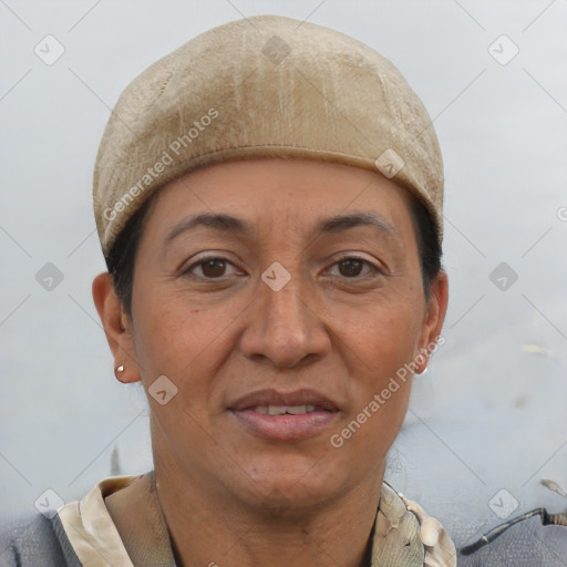 Joyful white adult female with short  brown hair and brown eyes