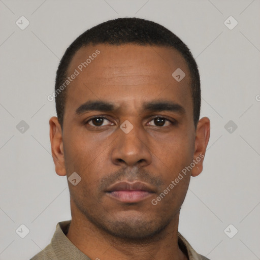 Neutral latino young-adult male with short  black hair and brown eyes