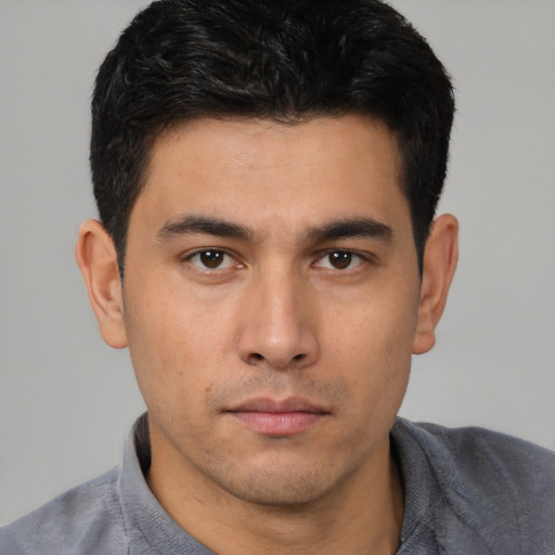 Neutral asian young-adult male with short  black hair and brown eyes