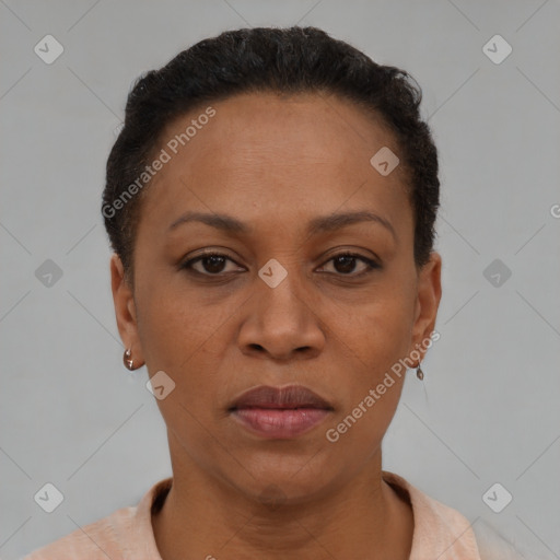 Joyful black adult female with short  brown hair and brown eyes