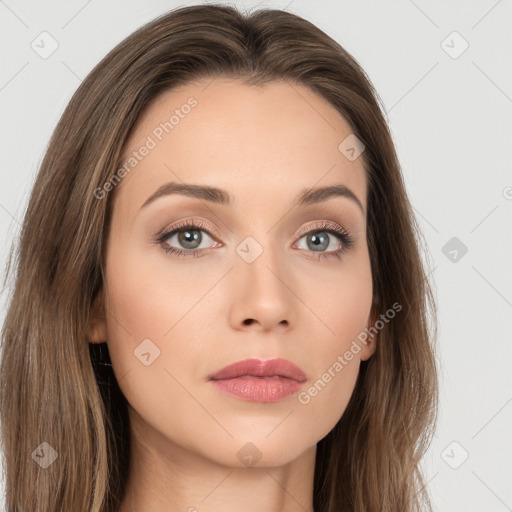 Neutral white young-adult female with long  brown hair and brown eyes