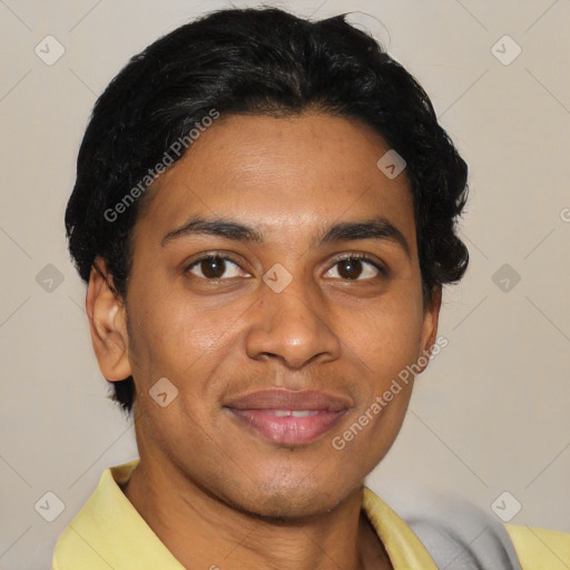 Joyful latino young-adult male with short  brown hair and brown eyes