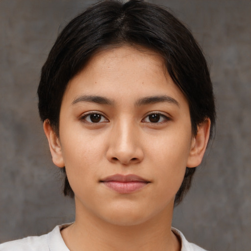 Neutral asian young-adult female with short  brown hair and brown eyes