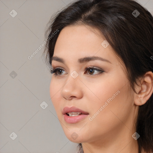 Neutral white young-adult female with medium  brown hair and brown eyes