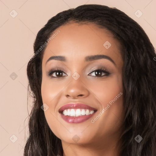 Joyful white young-adult female with long  black hair and brown eyes