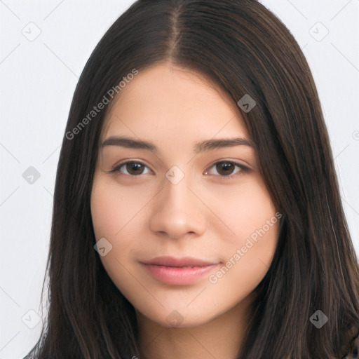 Joyful asian young-adult female with long  brown hair and brown eyes