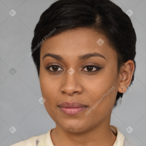 Joyful latino young-adult female with short  brown hair and brown eyes