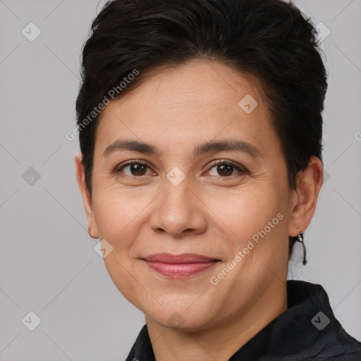 Joyful white adult female with short  brown hair and brown eyes