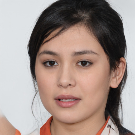 Neutral white young-adult female with medium  brown hair and brown eyes