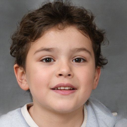 Joyful white child female with short  brown hair and brown eyes