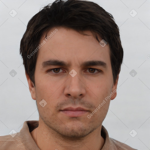Neutral white young-adult male with short  brown hair and brown eyes