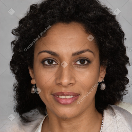 Joyful black young-adult female with long  brown hair and brown eyes