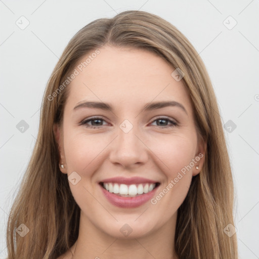 Joyful white young-adult female with long  brown hair and grey eyes