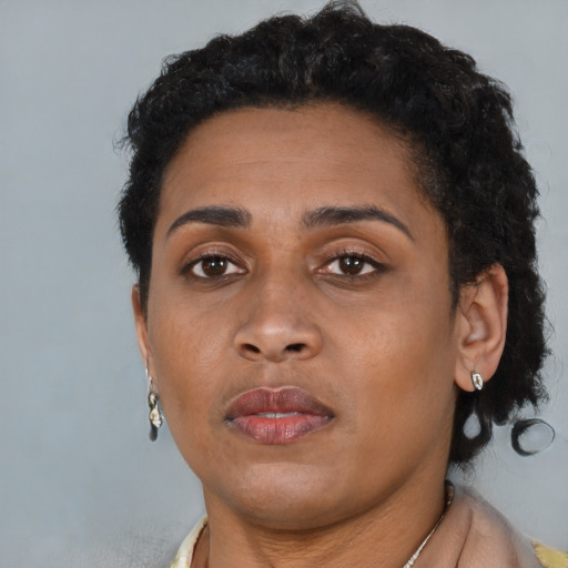 Neutral black young-adult female with short  brown hair and brown eyes