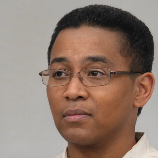 Neutral latino adult male with short  black hair and brown eyes