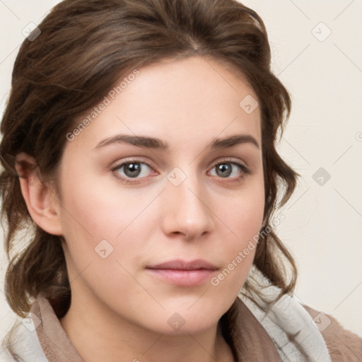 Neutral white young-adult female with medium  brown hair and grey eyes