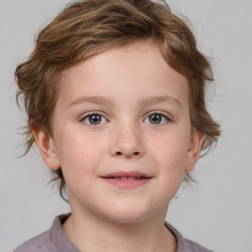 Joyful white child female with medium  brown hair and grey eyes