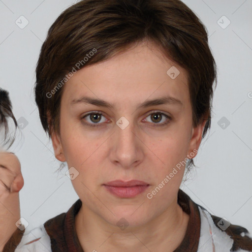 Neutral white young-adult female with medium  brown hair and brown eyes