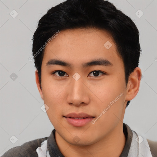 Neutral asian young-adult male with short  black hair and brown eyes