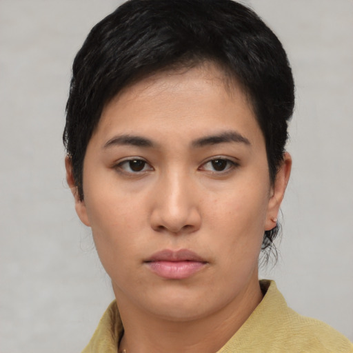 Neutral asian young-adult female with short  black hair and brown eyes