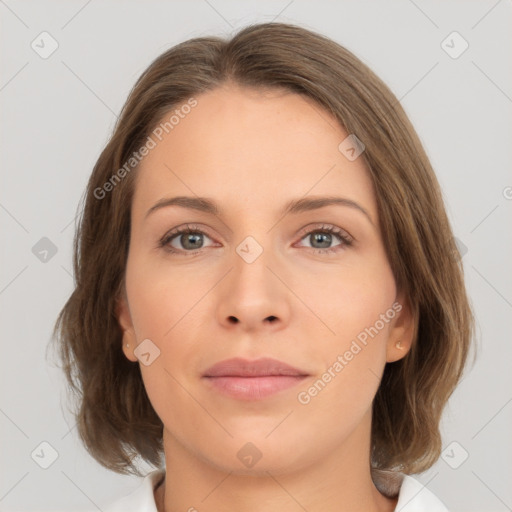 Neutral white young-adult female with medium  brown hair and grey eyes