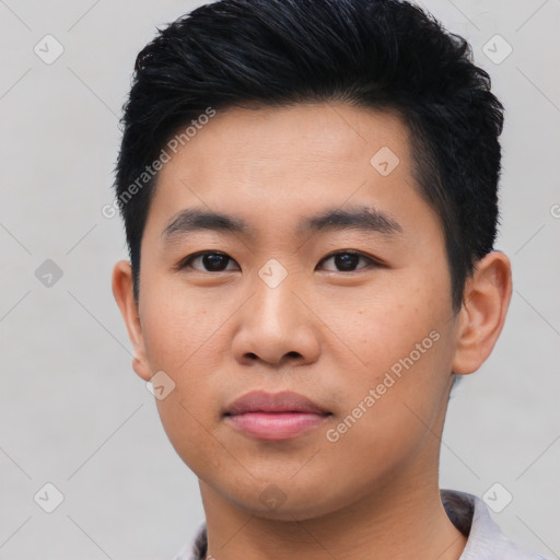 Neutral asian young-adult male with short  black hair and brown eyes