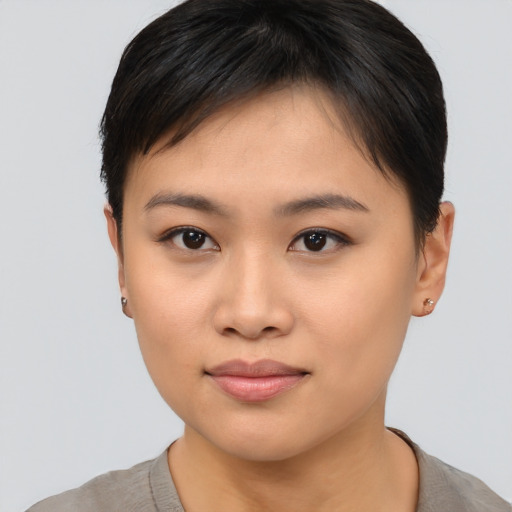 Neutral asian young-adult female with short  brown hair and brown eyes