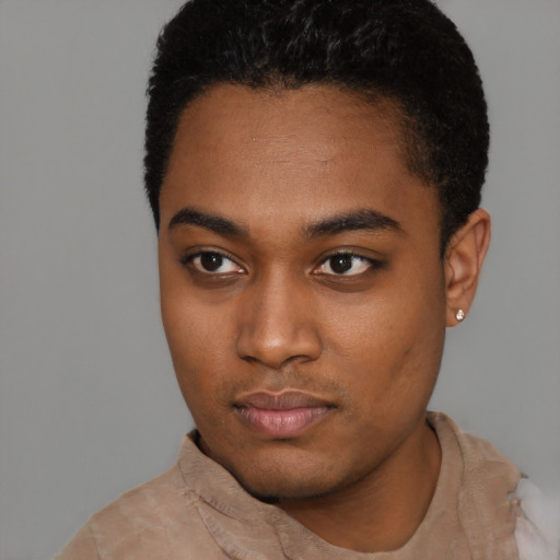 Neutral black young-adult male with short  black hair and brown eyes