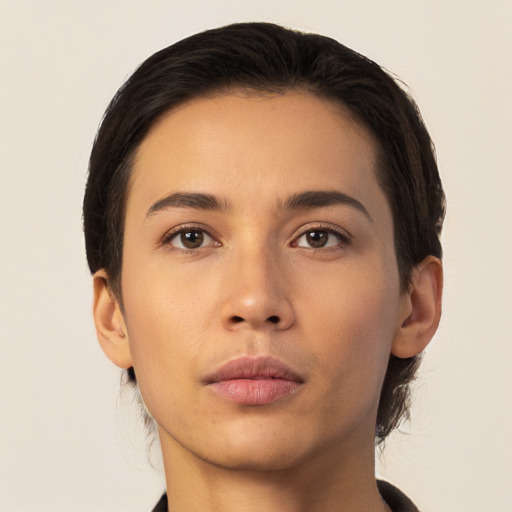 Neutral asian young-adult female with short  brown hair and brown eyes