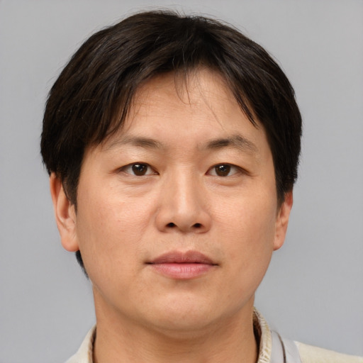 Joyful asian adult male with short  brown hair and brown eyes