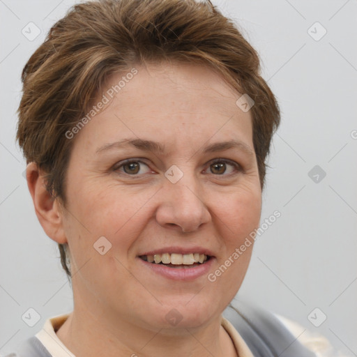 Joyful white adult female with short  brown hair and brown eyes