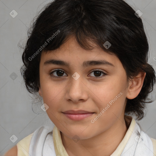 Joyful white child female with medium  brown hair and brown eyes