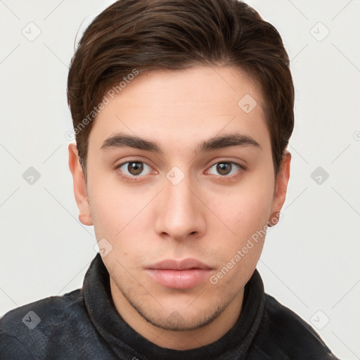 Neutral white young-adult male with short  brown hair and brown eyes