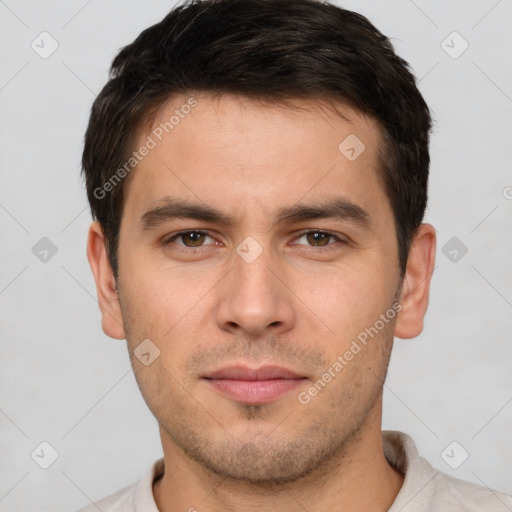 Neutral white young-adult male with short  brown hair and brown eyes