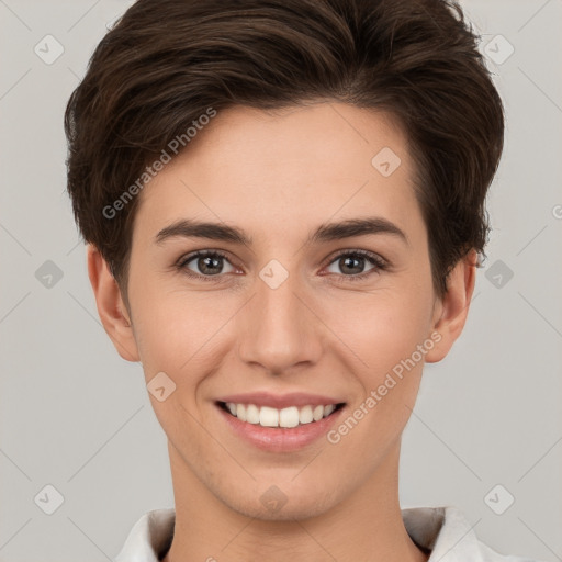 Joyful white young-adult female with short  brown hair and brown eyes