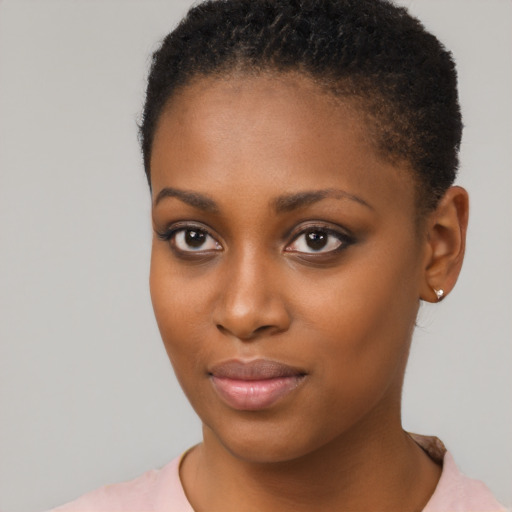 Neutral black young-adult female with short  brown hair and brown eyes
