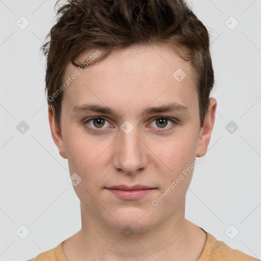 Neutral white young-adult male with short  brown hair and grey eyes