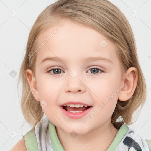 Joyful white child female with medium  brown hair and blue eyes