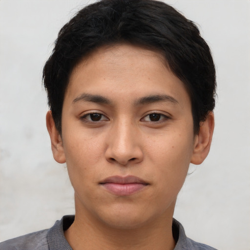 Neutral asian young-adult female with short  brown hair and brown eyes