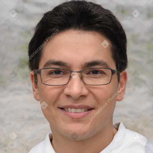 Joyful white adult male with short  brown hair and brown eyes