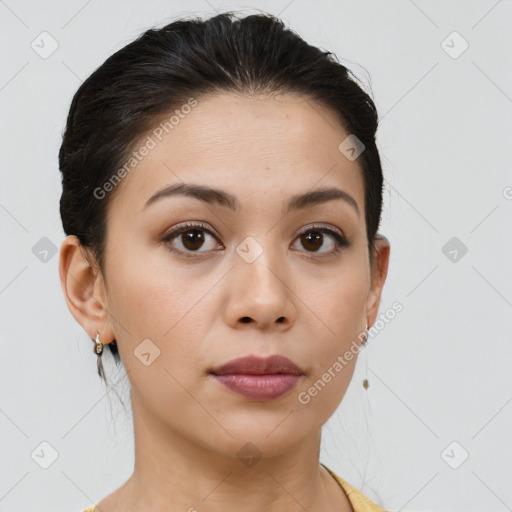 Neutral white young-adult female with short  brown hair and brown eyes