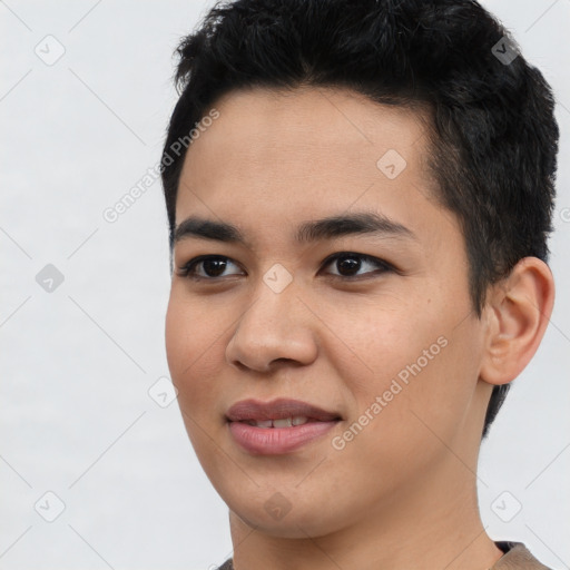 Joyful asian young-adult female with short  black hair and brown eyes