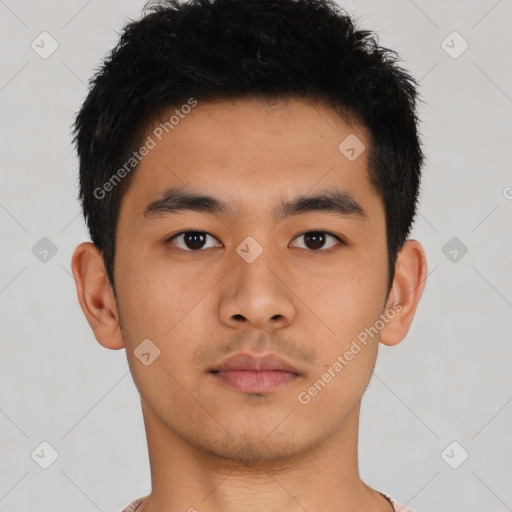 Neutral asian young-adult male with short  brown hair and brown eyes