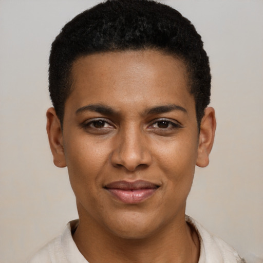 Joyful black young-adult female with short  black hair and brown eyes